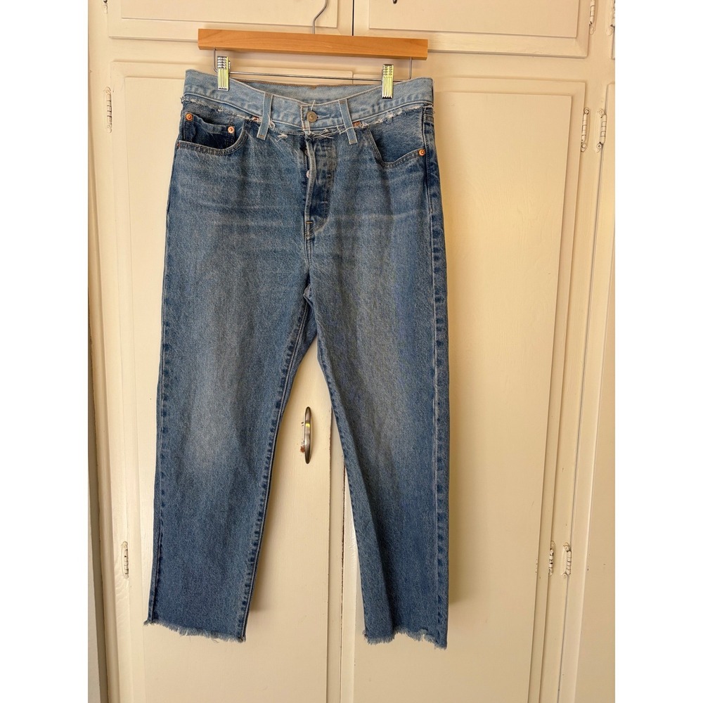 Levis 501 Original Fit Deconstructed Raw Hem Straight Leg Jeans Blue Womens 29